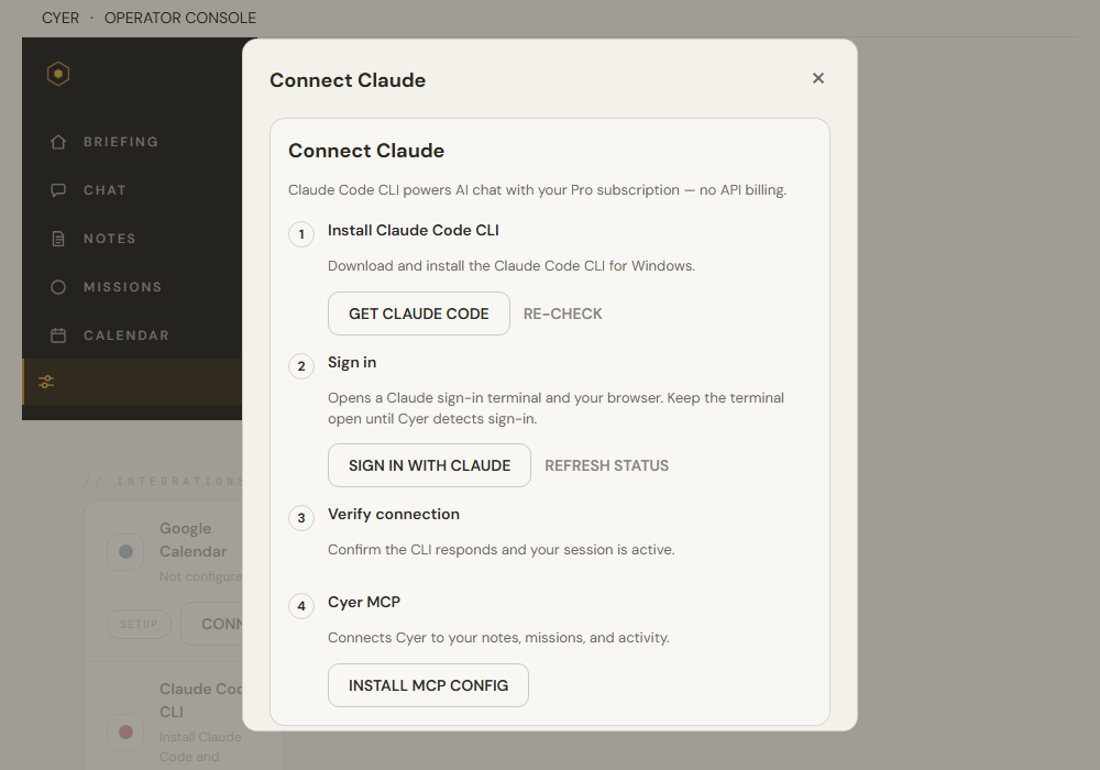 Connect Claude dialog step 1 showing Get Claude Code button and download hint