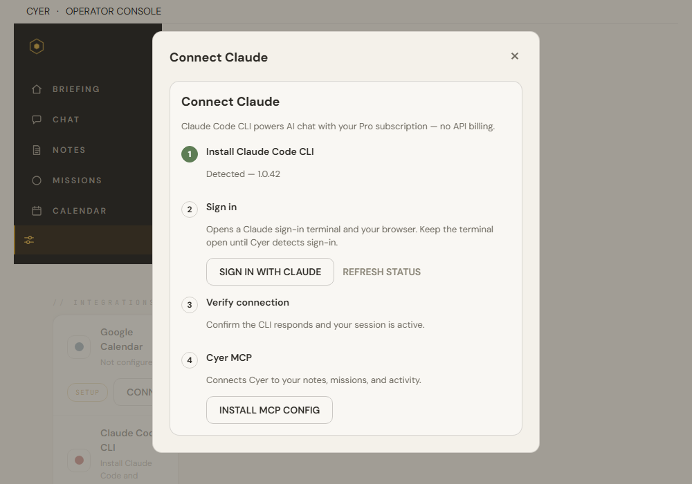 Connect Claude wizard step 2 with Sign in with Claude button and terminal sign-in instructions