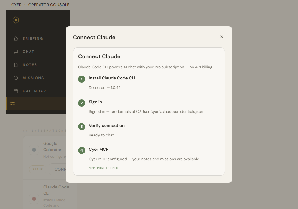 Connect Claude wizard with all four steps checked complete including MCP configured badge