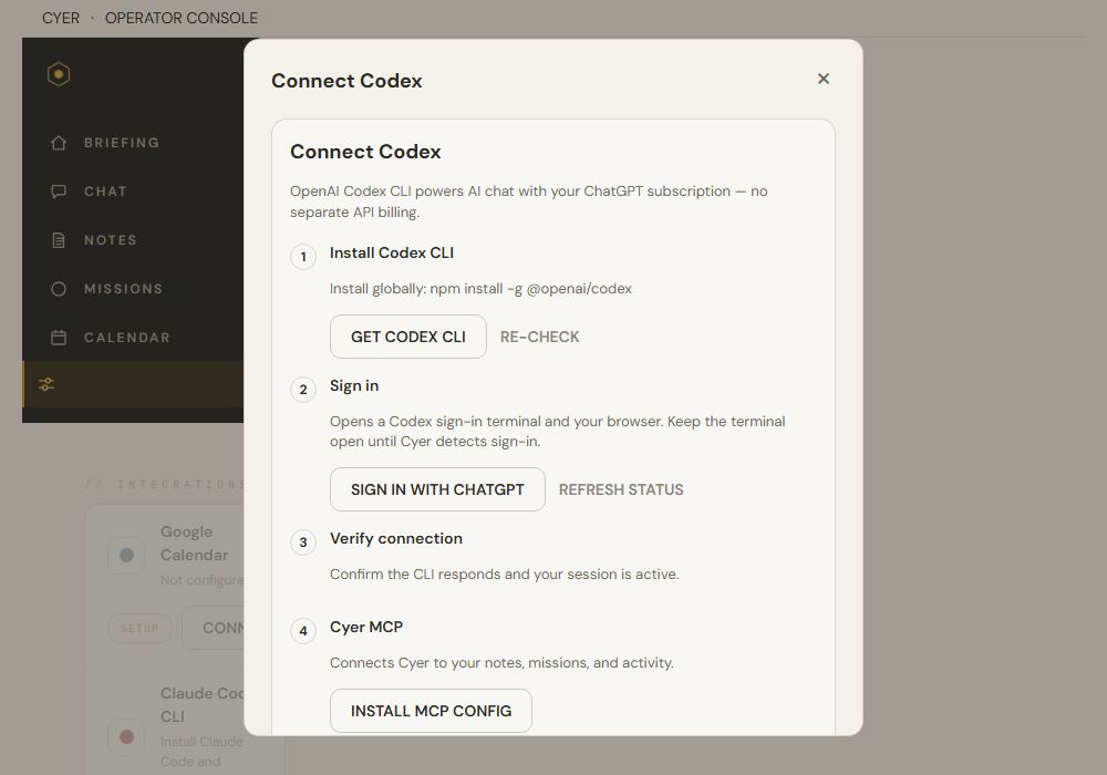 Connect Codex dialog step 1 with npm install command and Get Codex CLI button