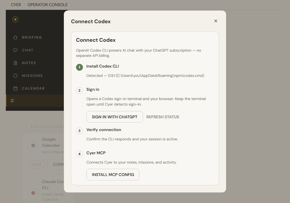 Connect Codex wizard step 2 with Sign in with ChatGPT button and sign-in instructions