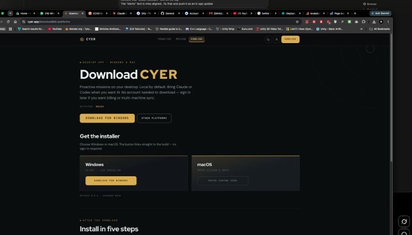 Cyer download page showing Windows and macOS installer cards