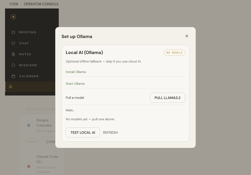 Cyer Ollama setup dialog showing install, start, pull model steps and Pull llama3.2 button
