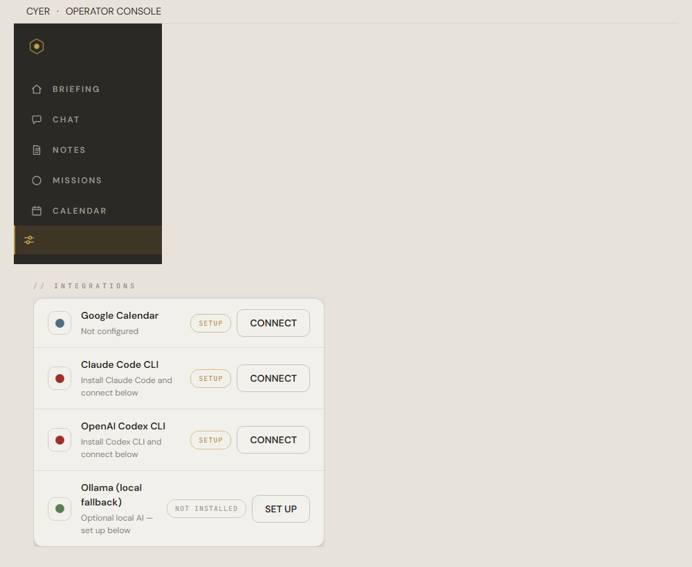 Cyer Settings Integrations section — same area as Claude, look for OpenAI Codex CLI row